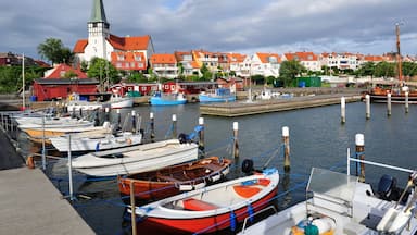 Marina and white church in Ronne, Bornholm, Denmark