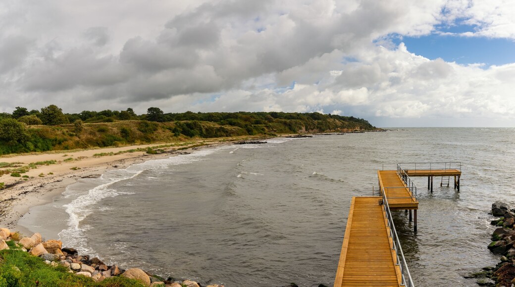 view of the bathhouse pier and the Galokken beach near Ronne on the west coast of Bornholm Island