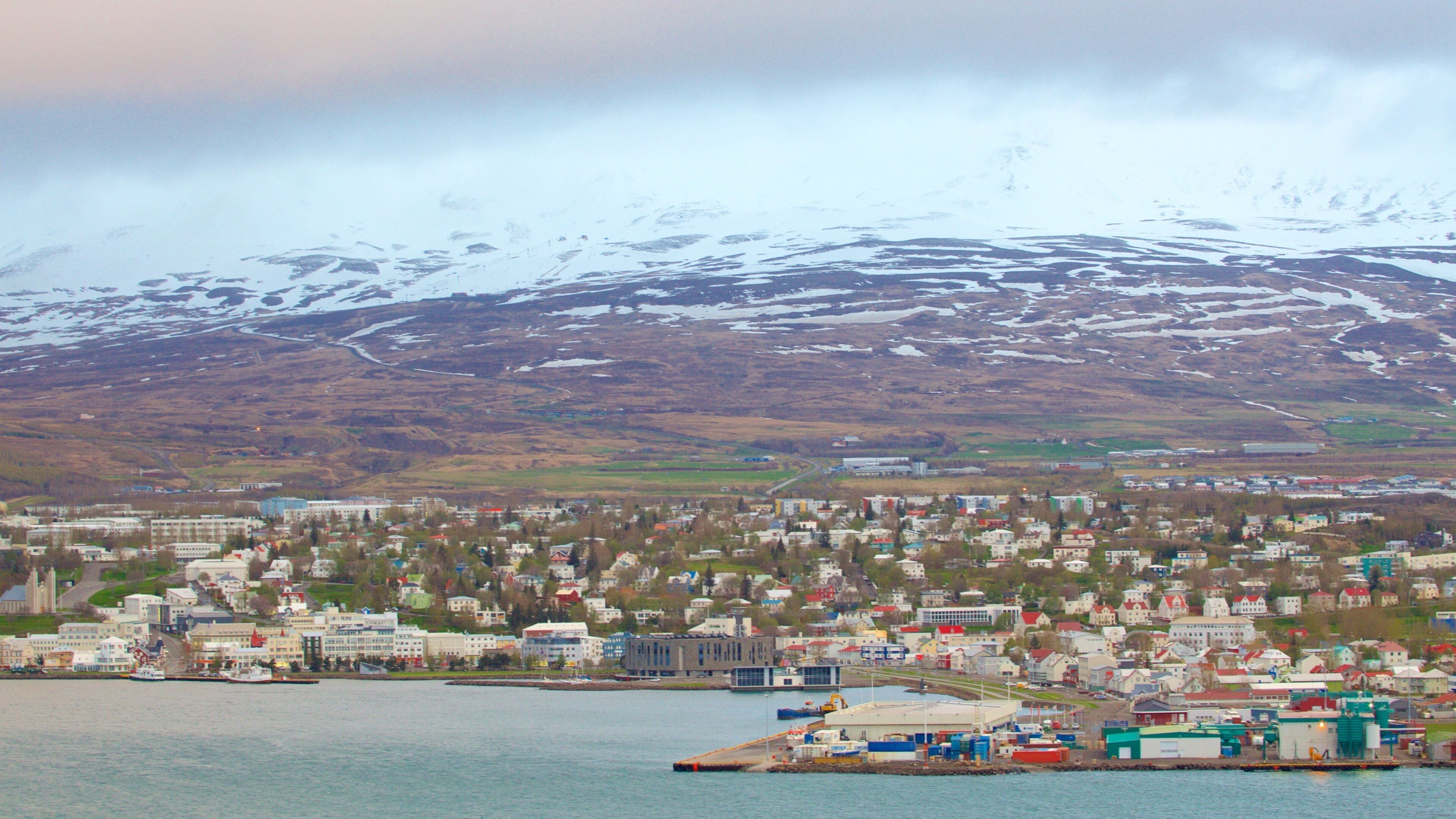 A coastal town with a harbor, buildings, and snow-capped mountains in the background.