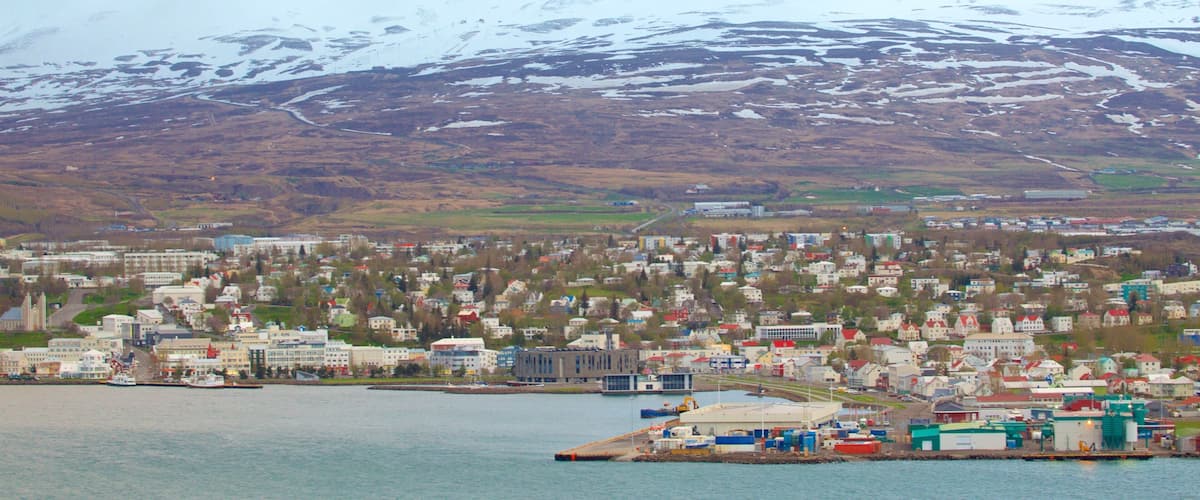 A coastal town with a harbor, buildings, and snow-capped mountains in the background.