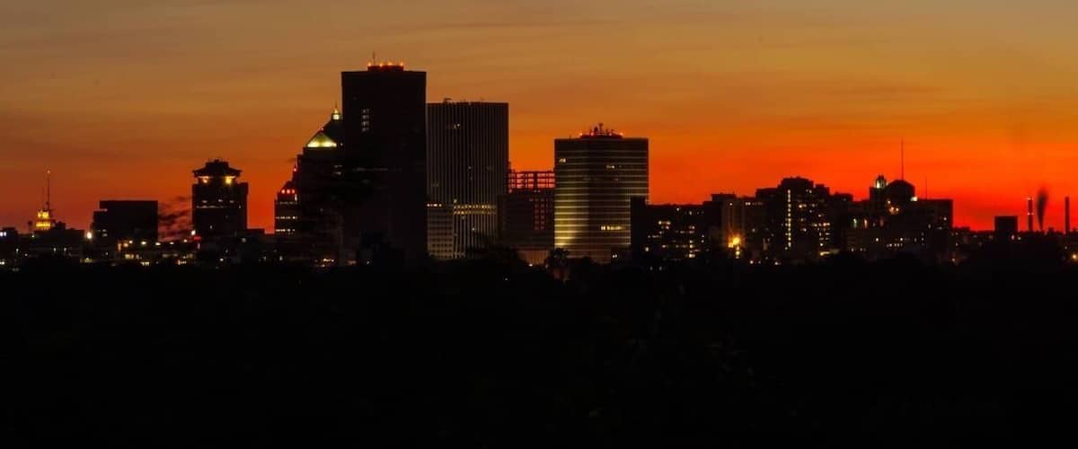 Sunset over the Rochester, New York skyline.