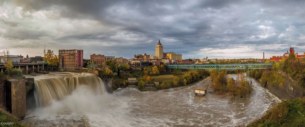 In the heart of downtown Rochester. Beautiful place to take a stroll. Genesee Brew house has a great view while you have a bite