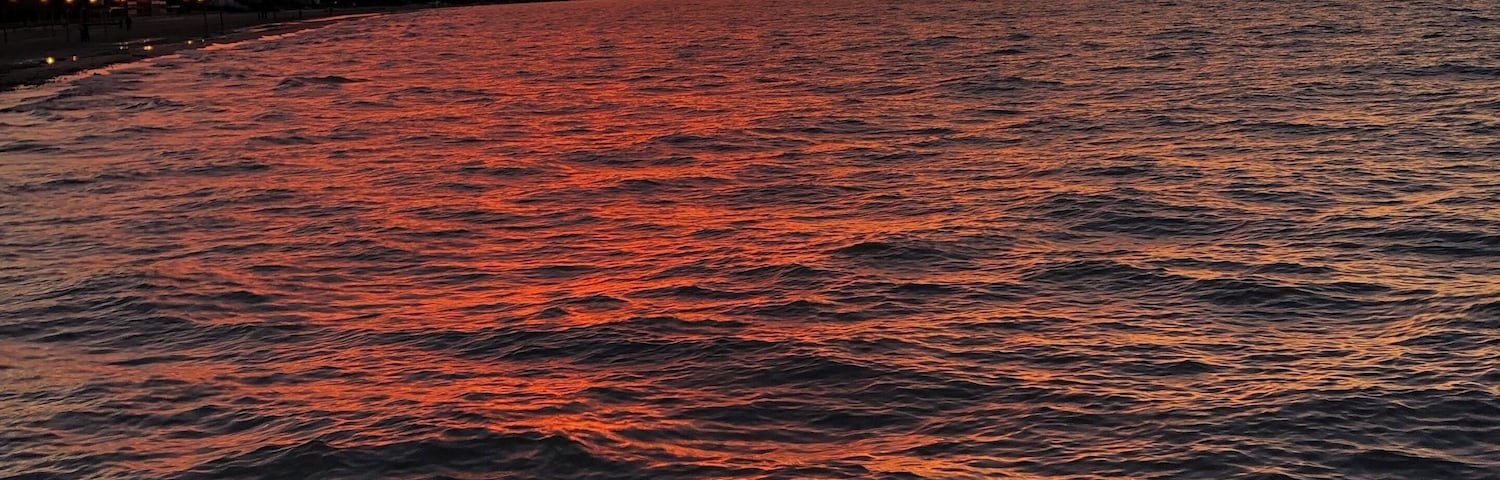Un coucher de soleil sur une étendue d’eau, avec les silhouettes d’arbres et de bâtiments qui se dessinent le long de la rive.