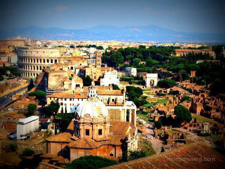 View from the top of the Rome From the Sky Elevator at the Vittorio Emanule Monument.  

The 360 degree views of Rome were breathtaking. We could see the Colosseum and Forum, St. Peter’s Basilica and the entire city glowing below us in the late afternoon light.