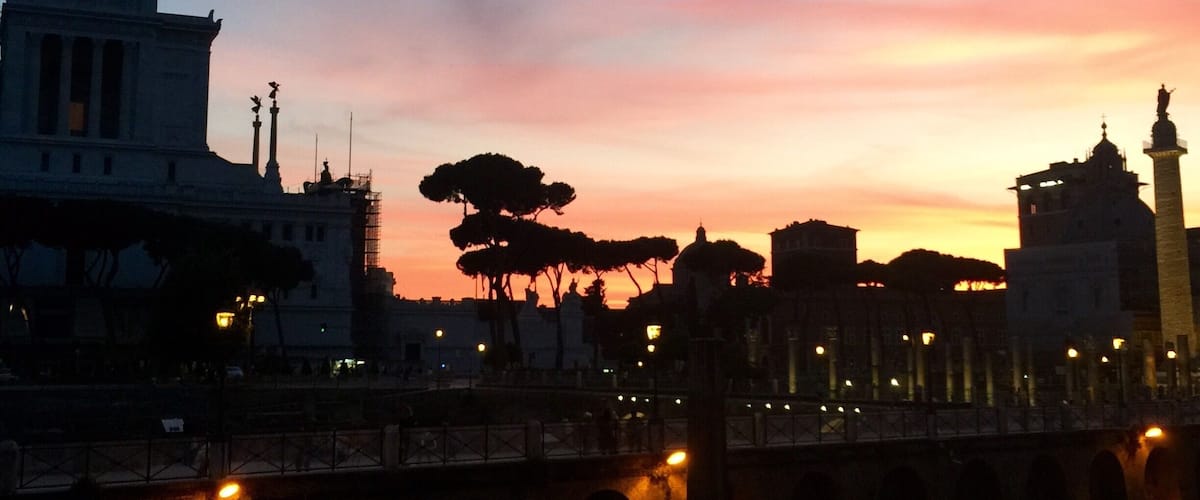 View from the forum of Augustus looking towards the Piazza Venezia, Rome at sunset