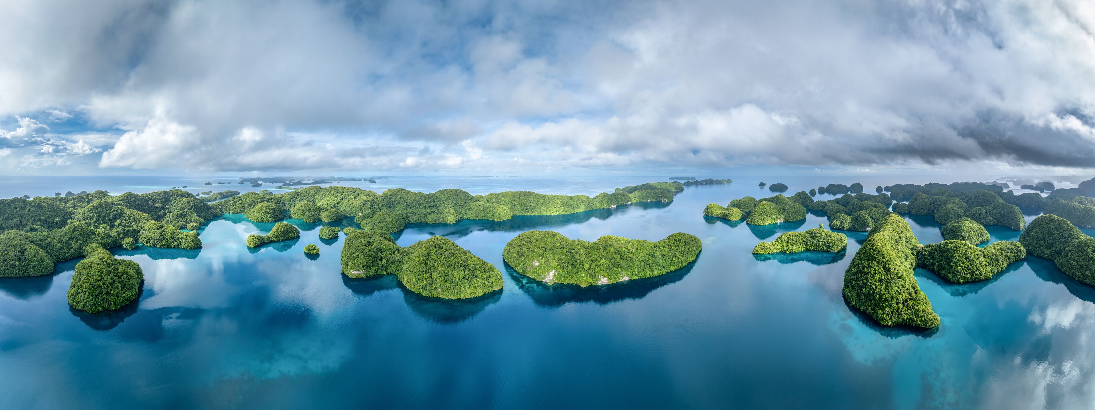 Aerial panorama of the Chelbacheb Islands also known as Rock Islands, Palau, Koror, Micronesia