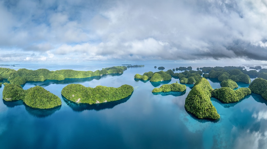 Aerial panorama of the Chelbacheb Islands also known as Rock Islands, Palau, Koror, Micronesia