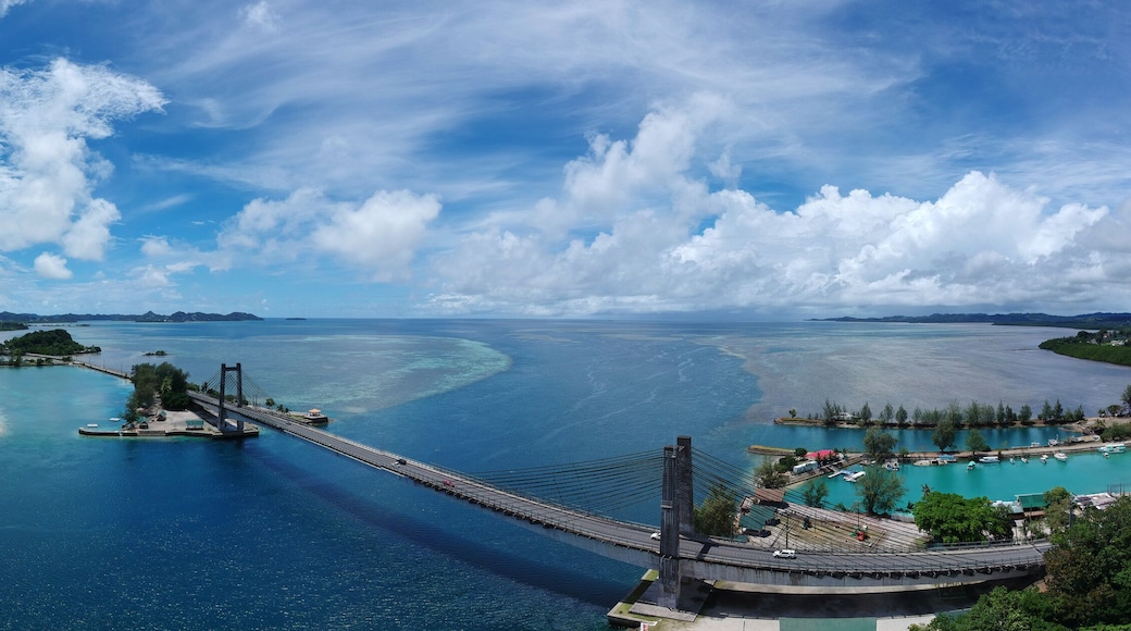 Palau Koror Bridge Micronesia, areal view coral beach