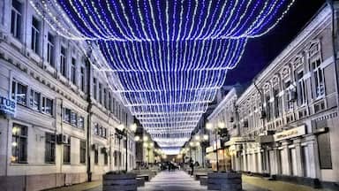 A street with buildings on either side, decorated with blue and white lights.