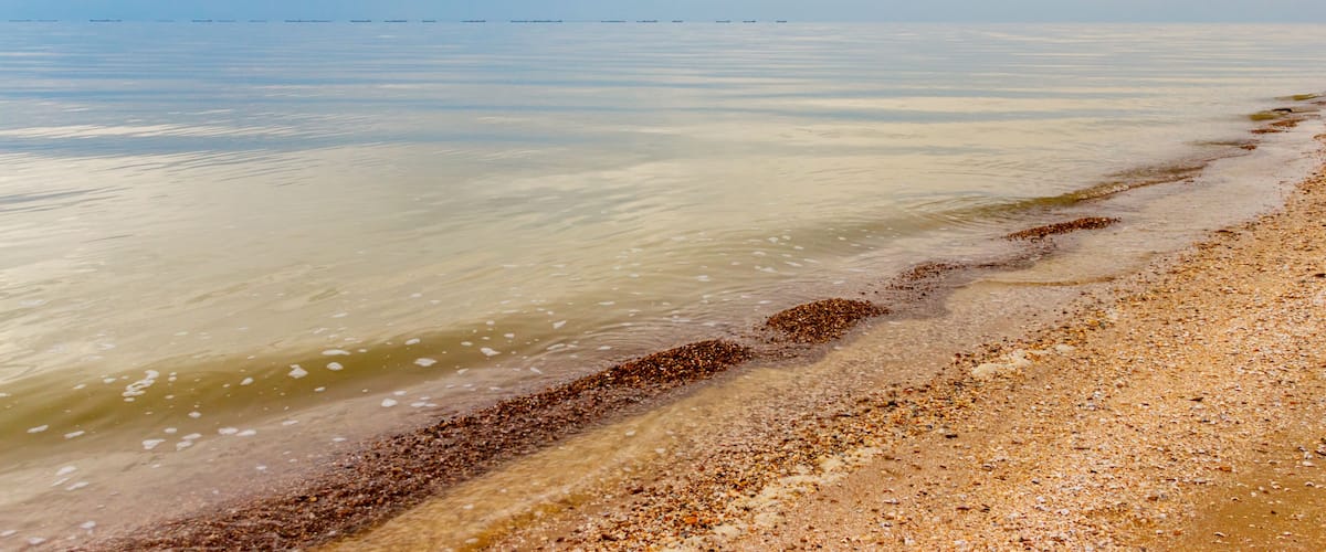 A calm sea with a pebbly beach and distant ships.
