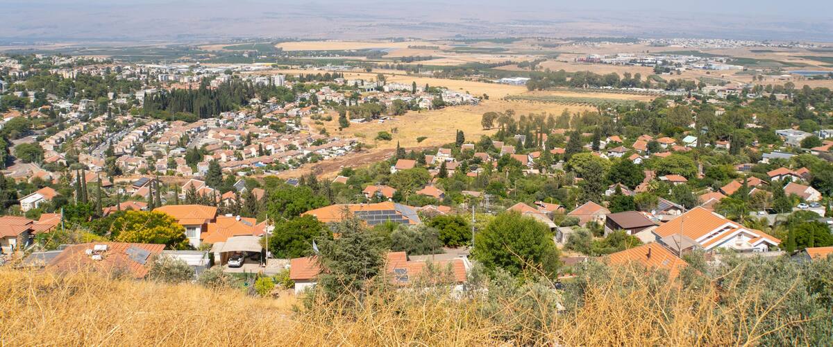 A town with red-roofed houses, green trees, and a clear blue sky.