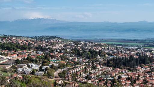 Israel, Rosh Pinna, view of the Hula Valley, Golan Heights and Mount Hermon.
