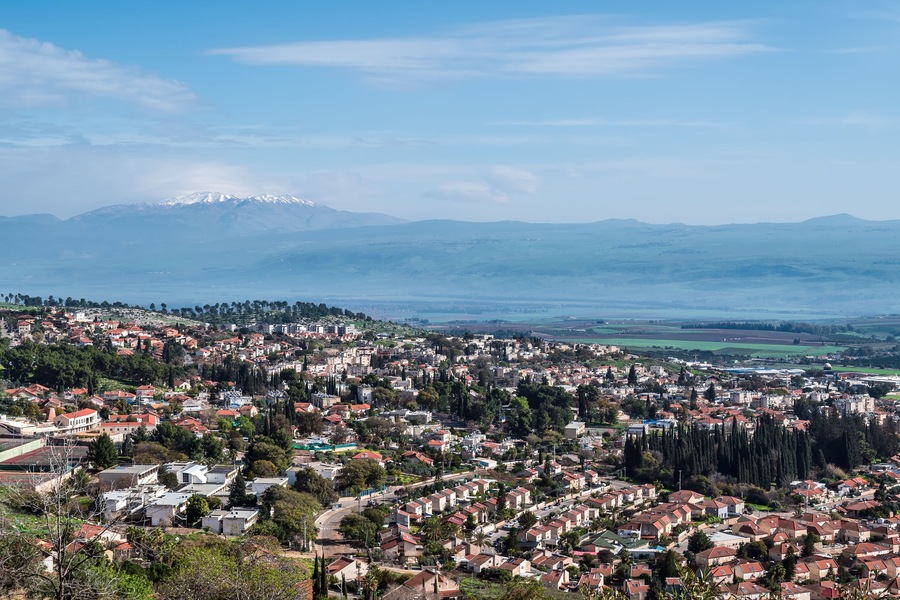 Israel, Rosh Pinna, view of the Hula Valley, Golan Heights and Mount Hermon.