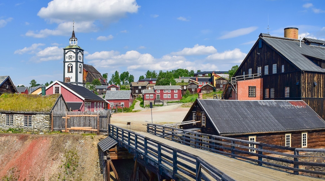 Roros historic copper mining town panorama, church and wooden houses, Norway