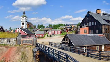 Roros historic copper mining town panorama, church and wooden houses, Norway