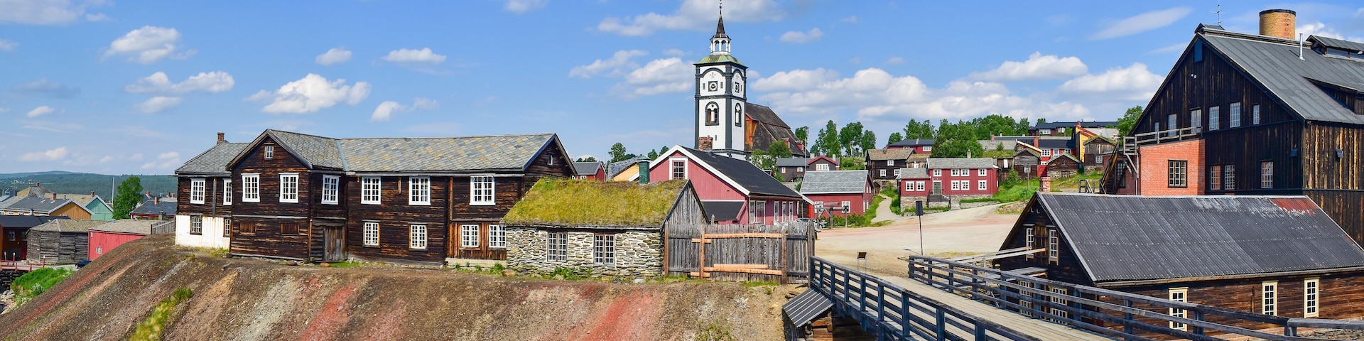 Roros historic copper mining town panorama, church and wooden houses, Norway