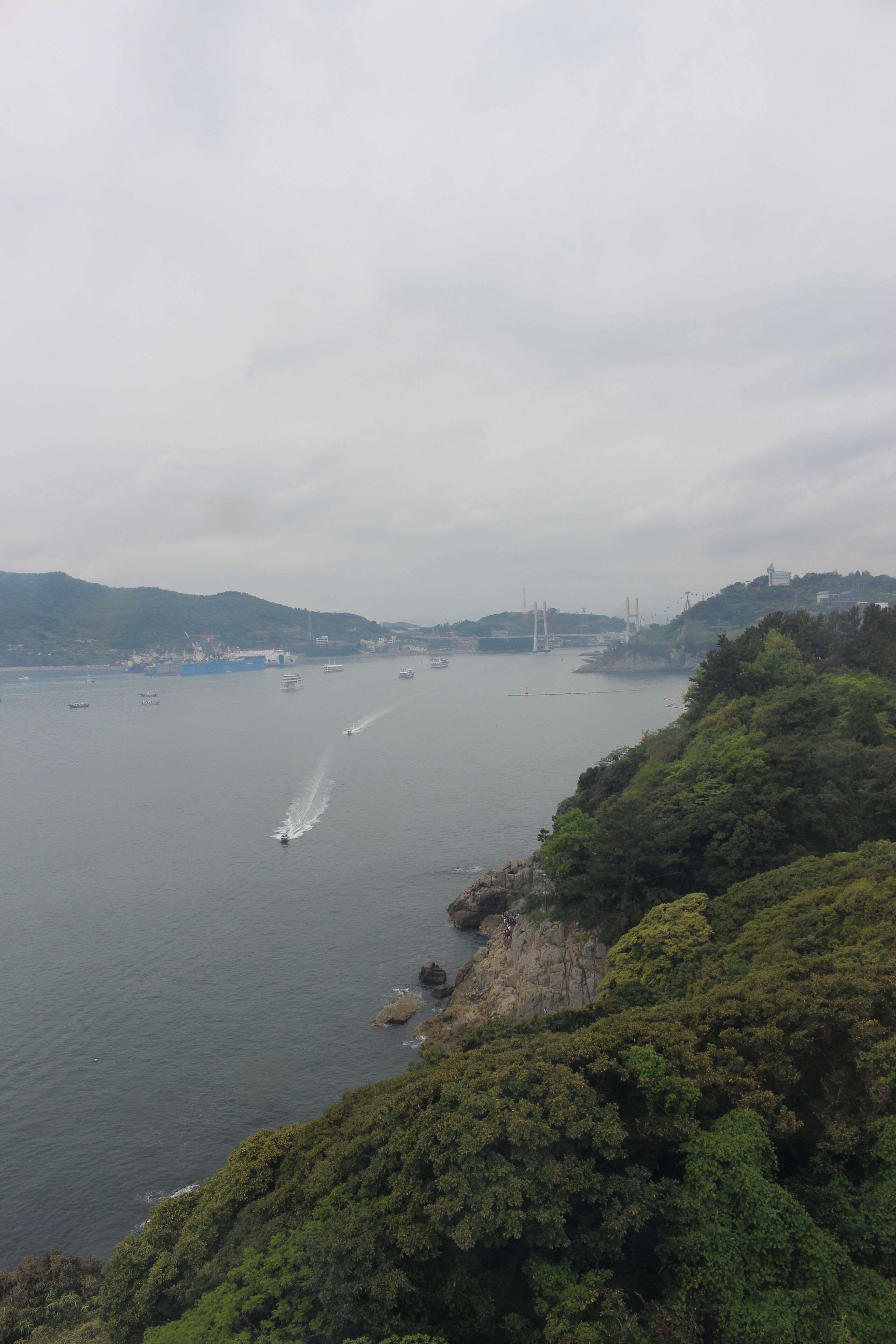 The Geobukseon Bridge and Yeosu coast, view from Odongdo lighthouse of Odongdo Hallyeohaesang National Park on 2017.