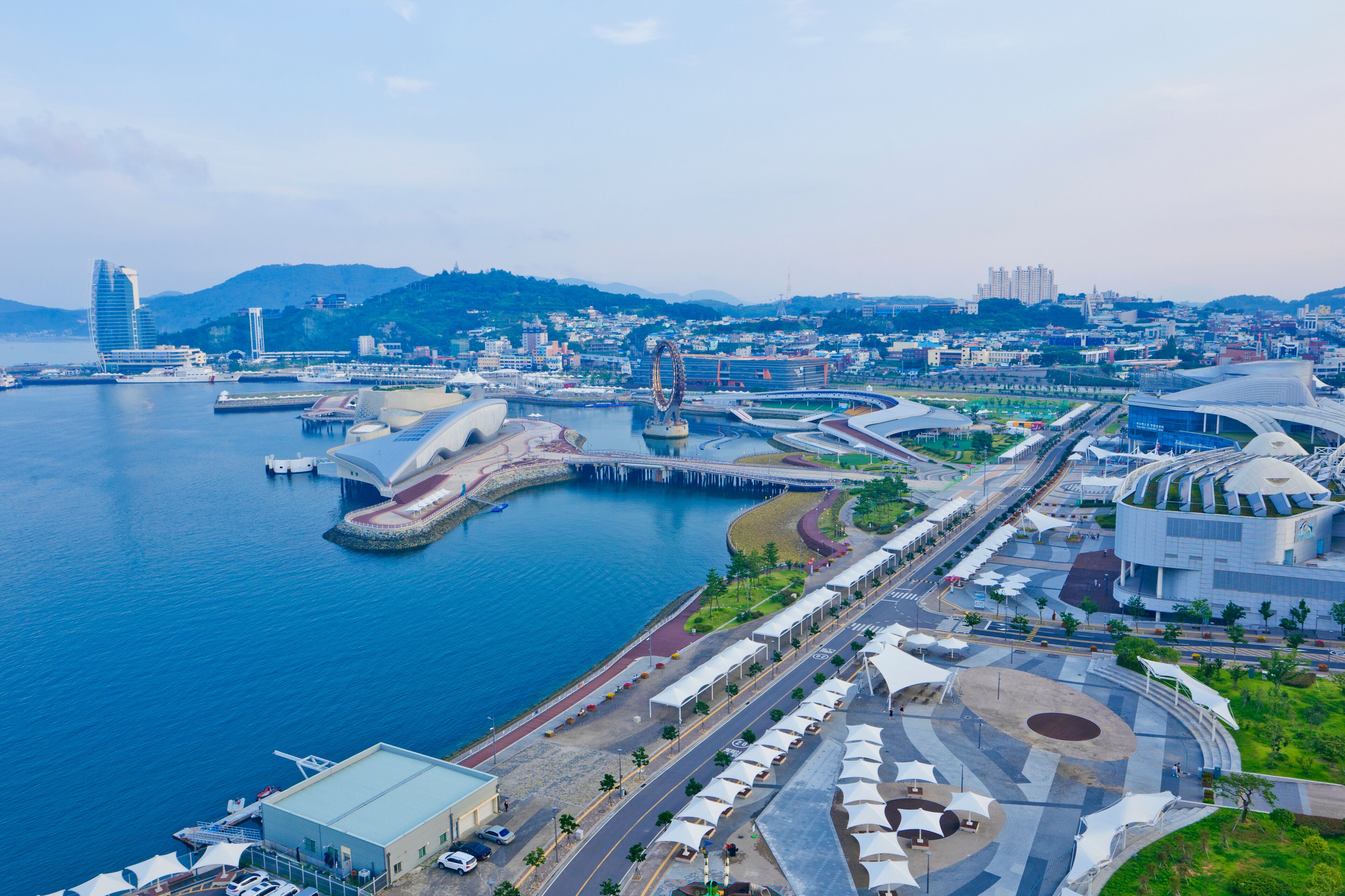 Panoramic views of Expo EDG Square and Yeosu peninsula from the Sky Tower.