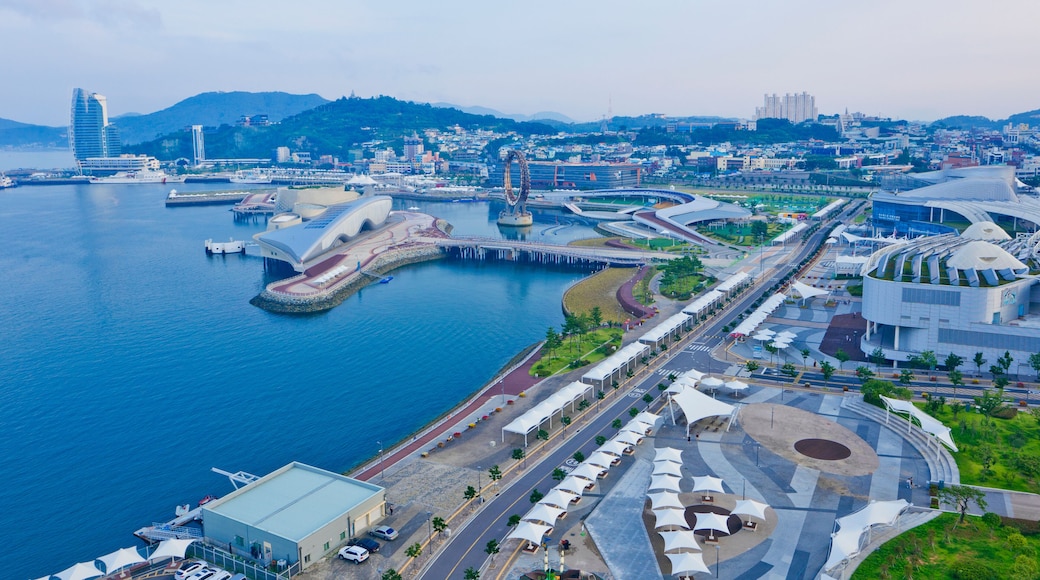 Panoramic views of Expo EDG Square and Yeosu peninsula from the Sky Tower.