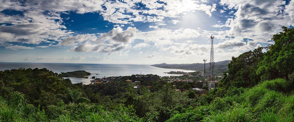 A coastal landscape with lush greenery, a clear sky, and a distant view of the sea.