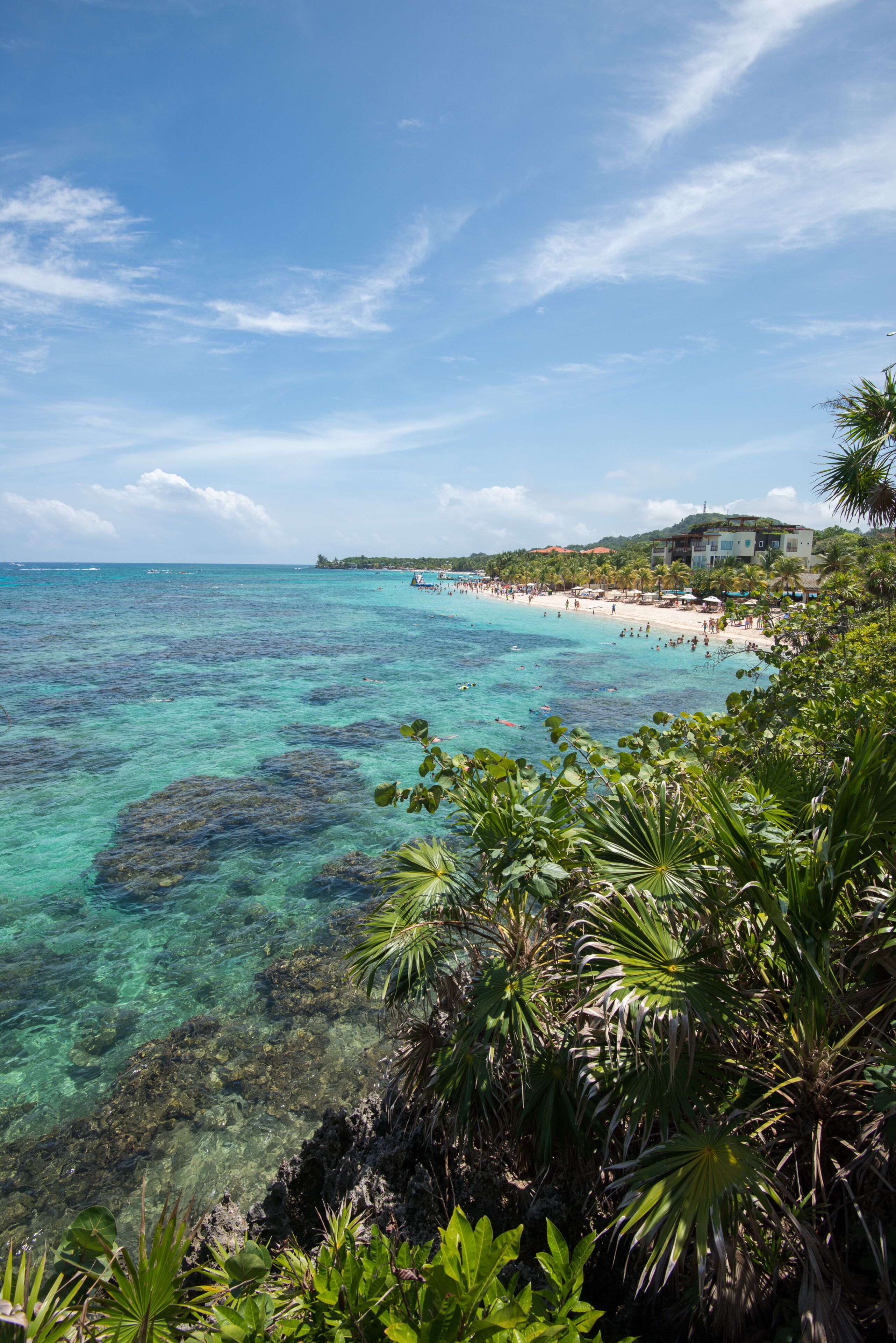 A tropical beach with clear turquoise waters, palm trees, and a resort in the background.