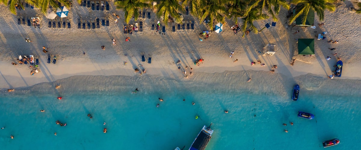 An aerial view of a beach with people, palm trees, and boats.