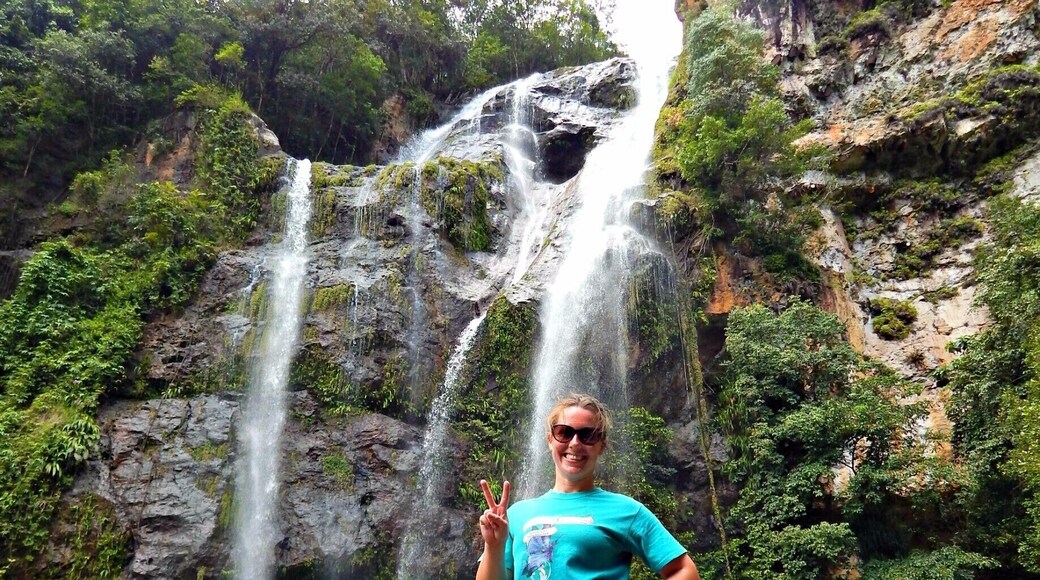 Cunca Rami Waterfall in Ruteng, Flores, Indonesia. You can hire a local child from the village to show you the way to the waterfall, which you'll probably want. It's an easy hike, maybe 30-45 minutes until you cross a stream and arrive at the waterfall. You can swim in the cool waters and enjoy the secluded area. One woman lives there, and takes donations, ($1 usd on average) as she takes care of the surrounding land and water buffaloes. #waterlust