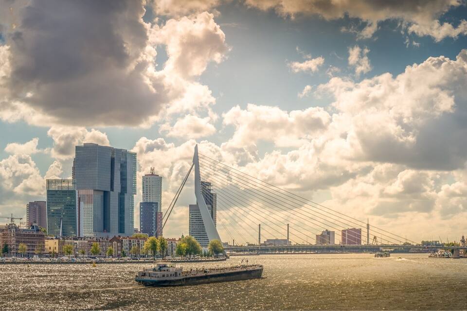 A city skyline with modern buildings and a cable-stayed bridge over a river.