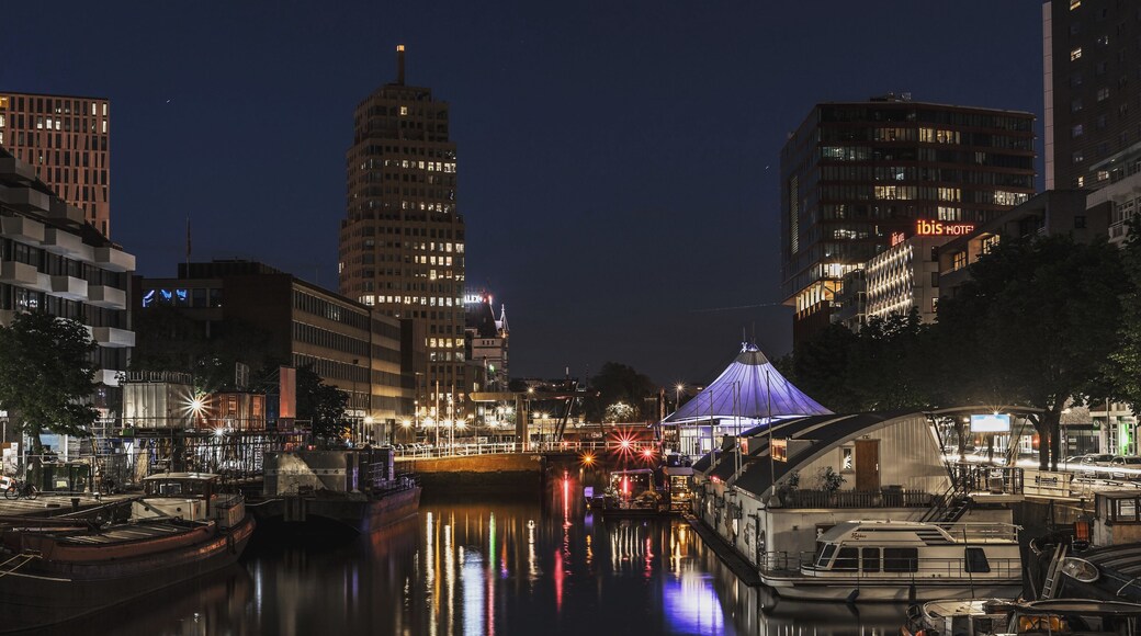 Rotterdam at night. With lots of beautifil buildings and boats.