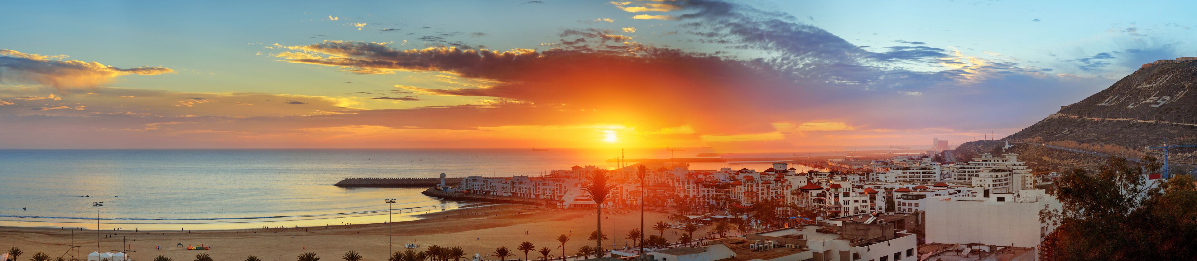 Beach in Agadir city at sunset, Morocco