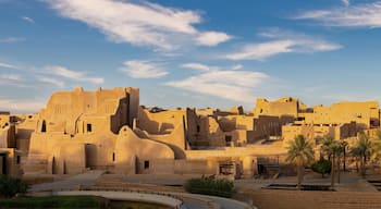 A historic walled city with traditional architecture and palm trees.