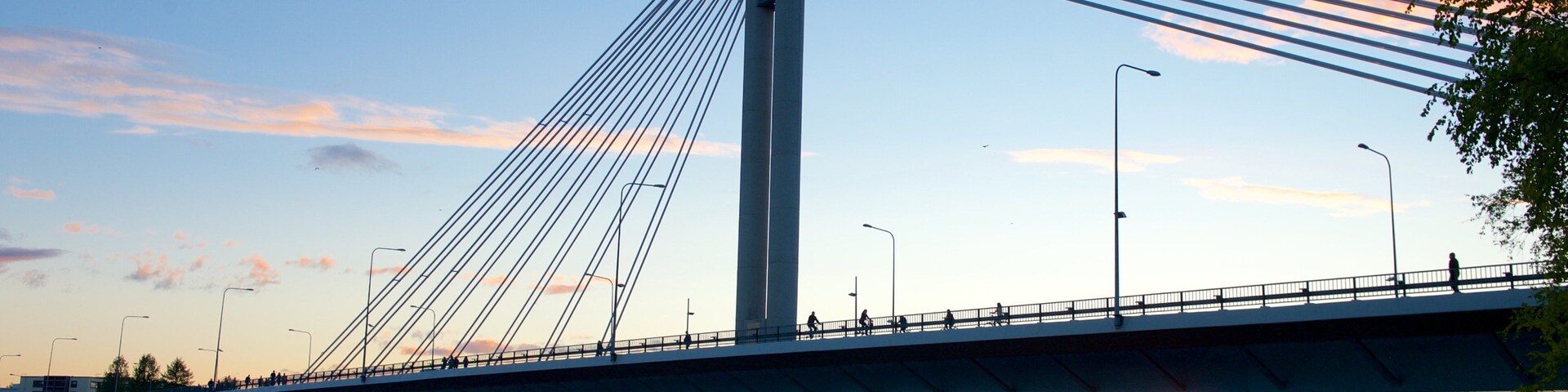 A cable-stayed bridge over a river at sunset.