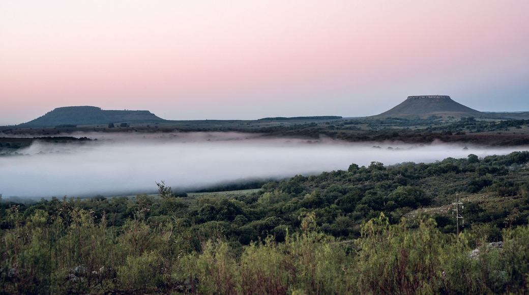 Un paisaje brumoso con colinas ondulantes y un valle llano.
