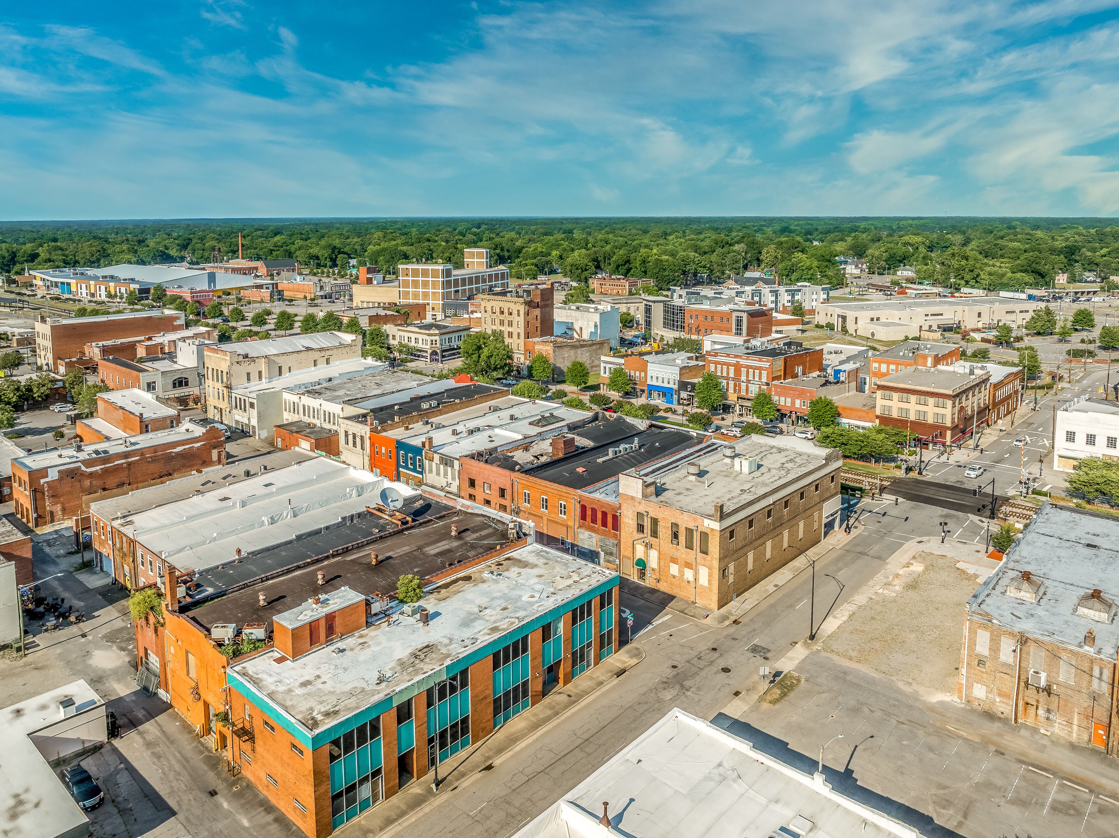 Aerial view of Rocky Mount Nash County North Carolina, typical small town USA with main street, Methodist church, public buildings