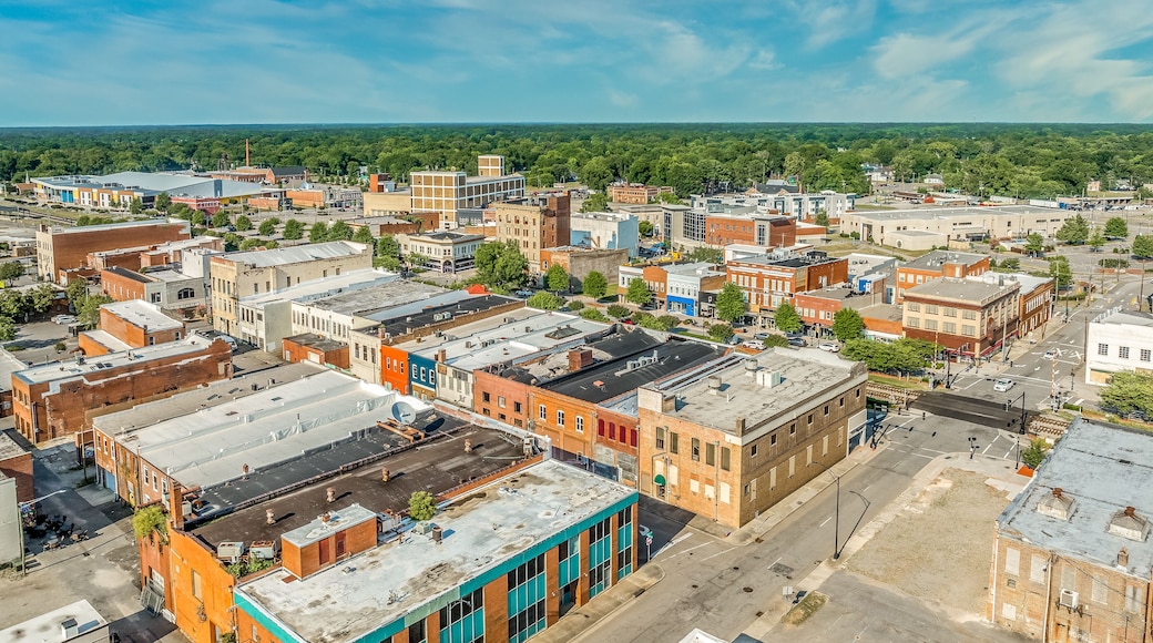 Aerial view of Rocky Mount Nash County North Carolina, typical small town USA with main street, Methodist church, public buildings