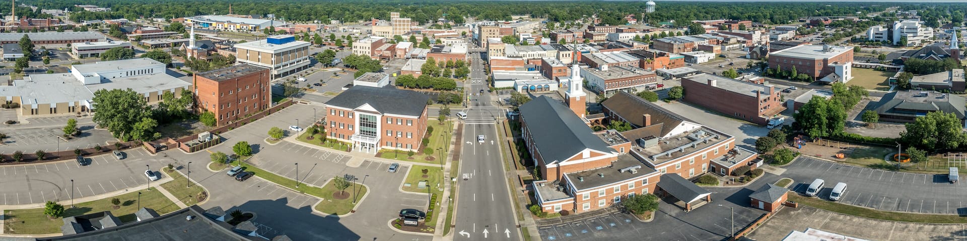 Aerial view of Rocky Mount Nash County North Carolina, typical small town USA with main street, Methodist church, public buildings