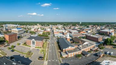Aerial view of Rocky Mount Nash County North Carolina, typical small town USA with main street, Methodist church, public buildings