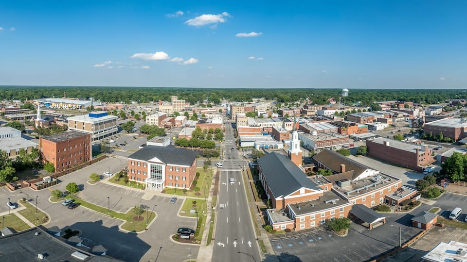 Aerial view of Rocky Mount Nash County North Carolina, typical small town USA with main street, Methodist church, public buildings