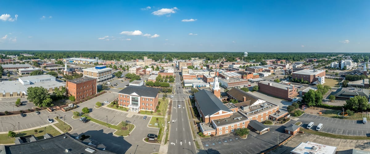 Aerial view of Rocky Mount Nash County North Carolina, typical small town USA with main street, Methodist church, public buildings