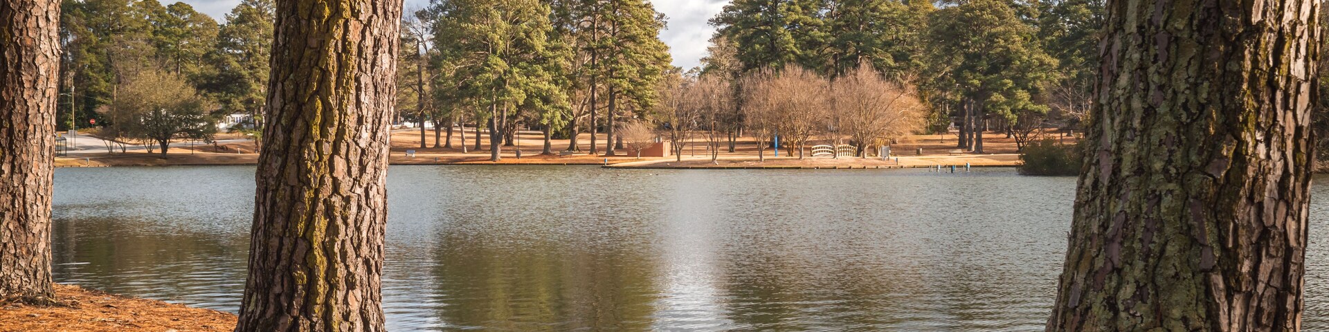 View of the water and the park at Rocky Mount, NC City Lake