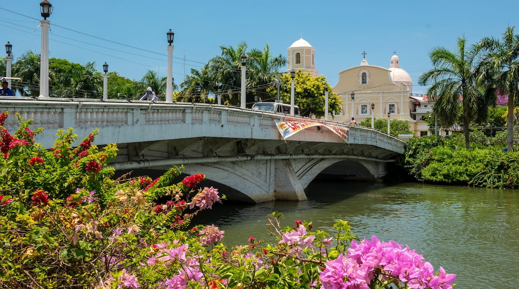 Roxas City, Capiz, Philippines - April 24, 2023: The Capiz bridge spanning the Panay River, and the Roxas Cathedral.