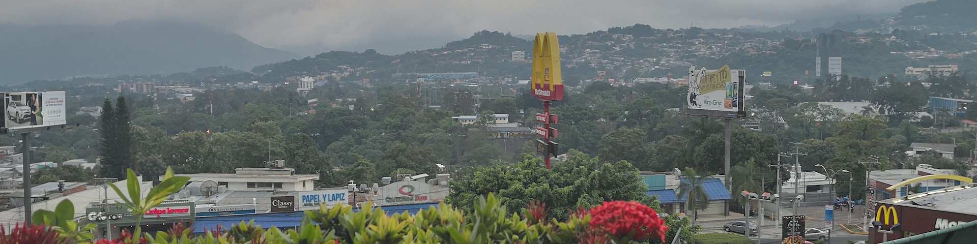 Eine Stadtansicht mit einem McDonald's Schild, üppigem Grün und Bergen in der Ferne.