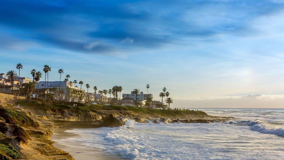 A coastal landscape with waves crashing onto the shore, palm trees, and buildings along the coastline.