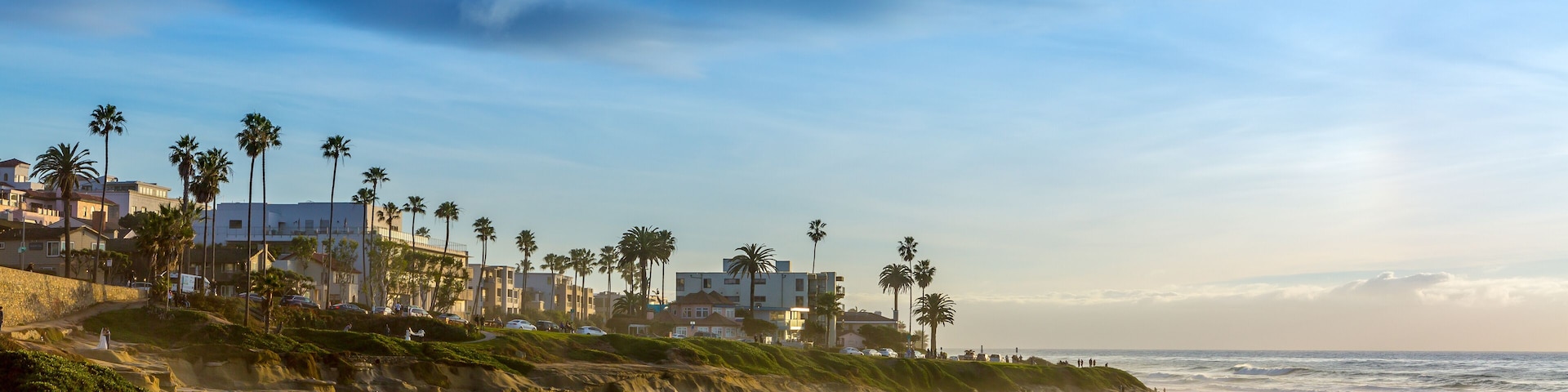 A coastal landscape with waves crashing onto the shore, palm trees, and buildings along the coastline.