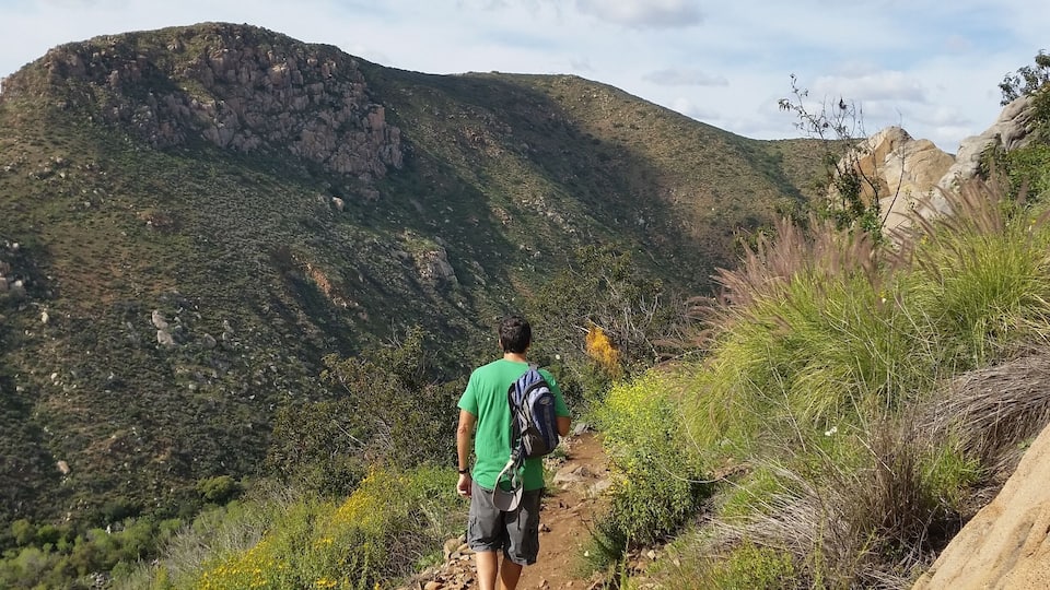 A hiker on a rocky trail surrounded by green vegetation and mountains.