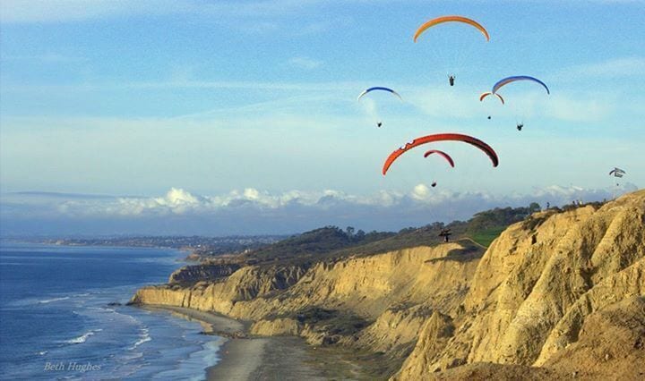 A coastal landscape with cliffs and a beach.