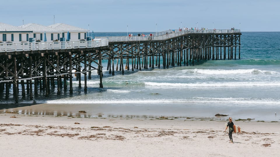 A pier extending into the ocean with people walking on it and a beach with seaweed.