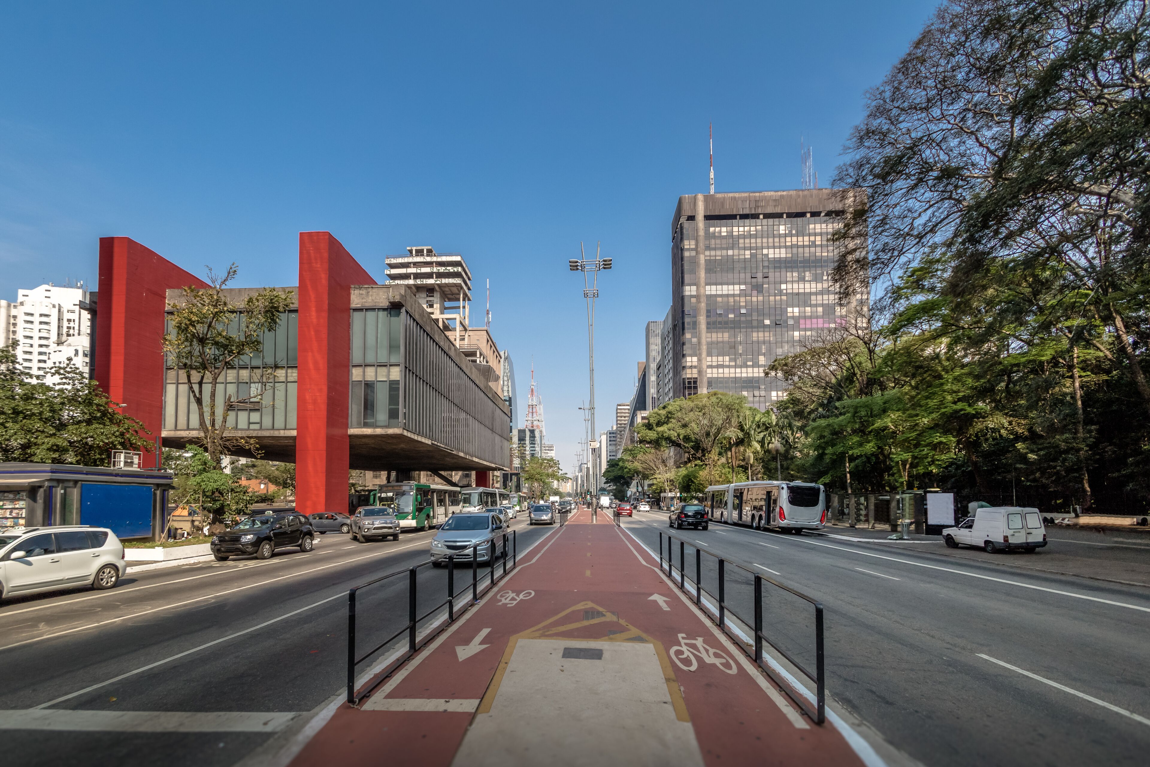 Uma rua da cidade com ciclovia, edifícios altos e céu azul.