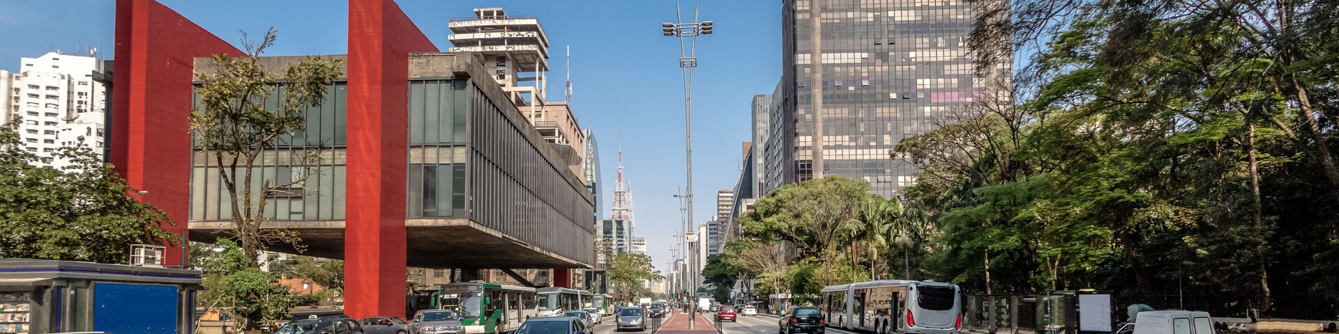 Uma rua da cidade com ciclovia, edifícios altos e céu azul.
