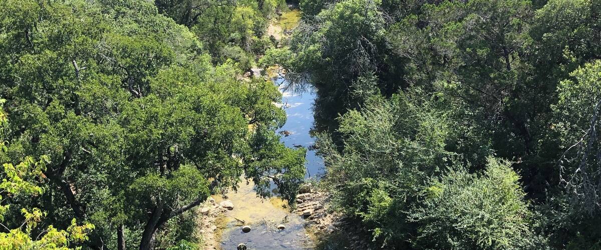 A river winding through a dense forest with hills in the background.